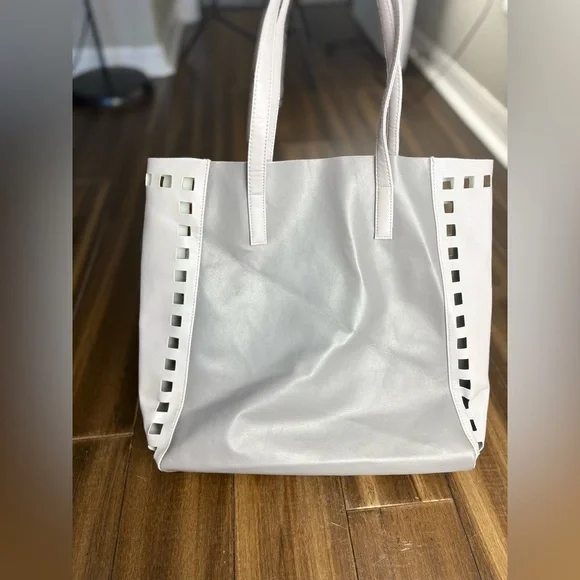 Gray Blue Tote Bag Pom Poms w/ cut out, felt lined y2k - Picture 4 of 9